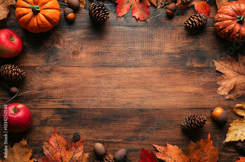 Autumn leaves, pumpkins, pine cones, and acorns are arranged on a wooden surface. Thanksgiving day
 photo