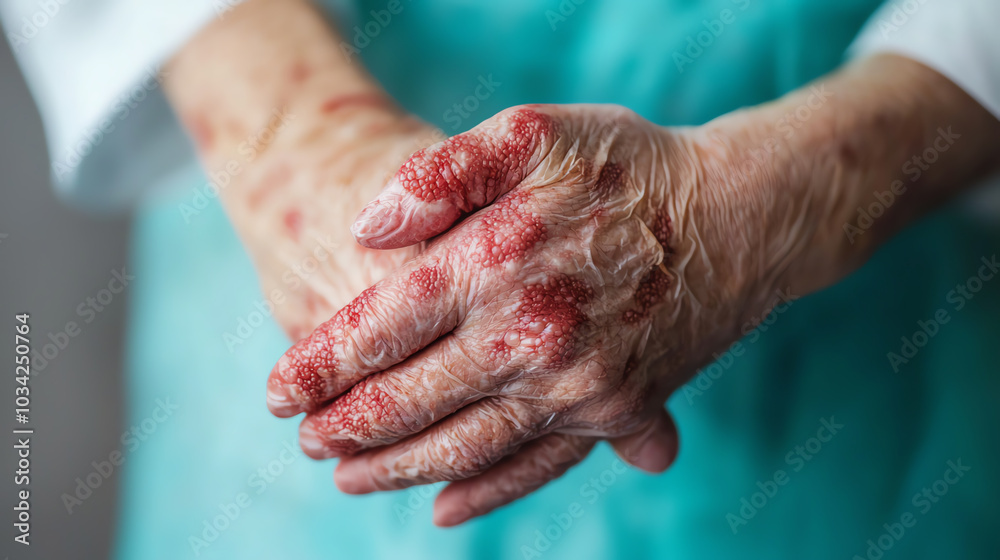 Fototapeta premium Elderly hands with skin conditions, close-up