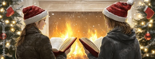 Cozy Christmas reading: A mother and child sharing stories by the fireplace with festive decorations and a warm glow photo