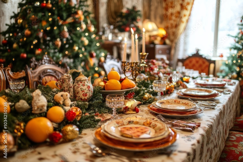 A beautifully set table for a Christmas dinner with a festive garland, plates, and a teapot. A beautifully set table for a Christmas dinner with a festive garland, plates, and a teapot.