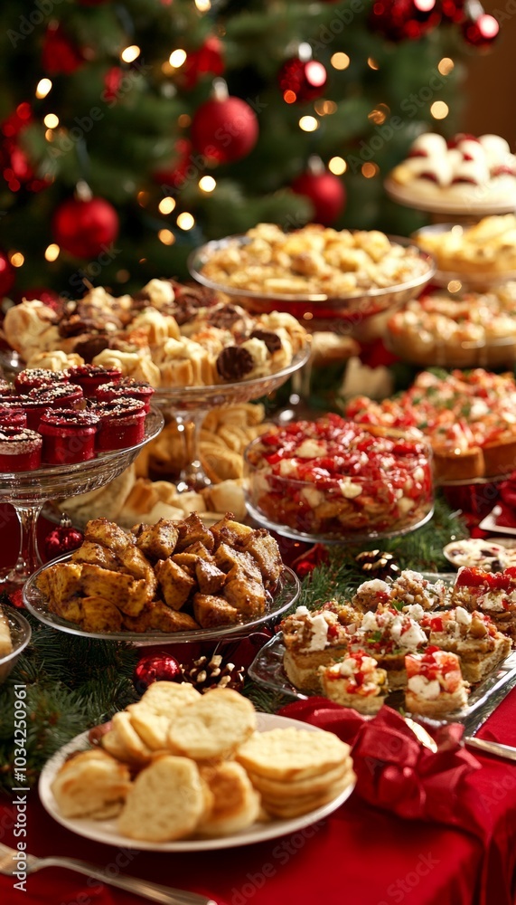 A festive spread of holiday treats, perfect for a Christmas gathering. A festive spread of holiday treats, perfect for a Christmas gathering.