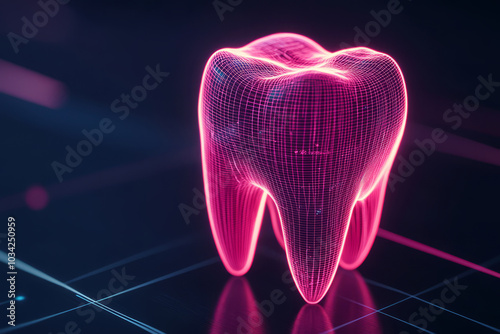 Glowing hologram of a tooth in neon pink