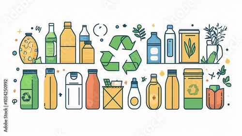 Illustrated collection of recycling and eco-friendly products with bottles and containers, emphasizing sustainability and environmental care.