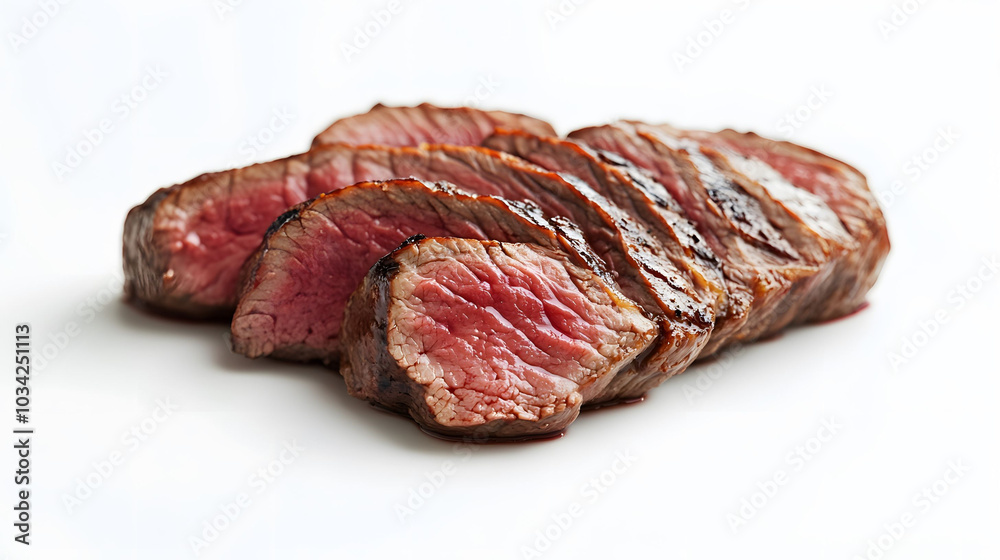 Fresh cuts of marbled beef displayed on a pure white background, showcasing rich textures and colors of premium quality meat Fresh cuts of marbled beef displayed on a pure white background, showcasing rich textures and colors of premium quality meat