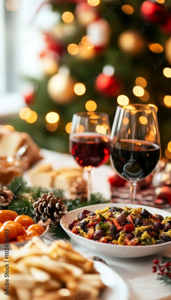 A festive Christmas dinner table setting with two glasses of red wine, a plate of roasted vegetables, and a blurry Christmas tree in the background. A festive Christmas dinner table setting with two glasses of red wine, a plate of roasted vegetables, and a blurry Christmas tree in the background.