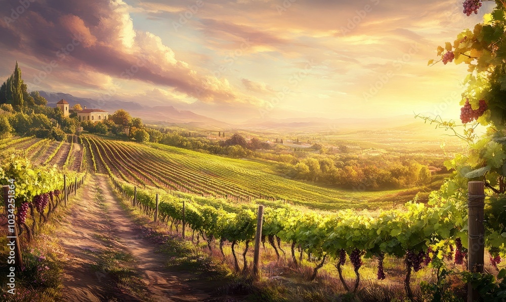 Vineyard path with sunset and grapes. Vineyard path with sunset and grapes.