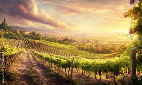 Vineyard path with sunset and grapes.