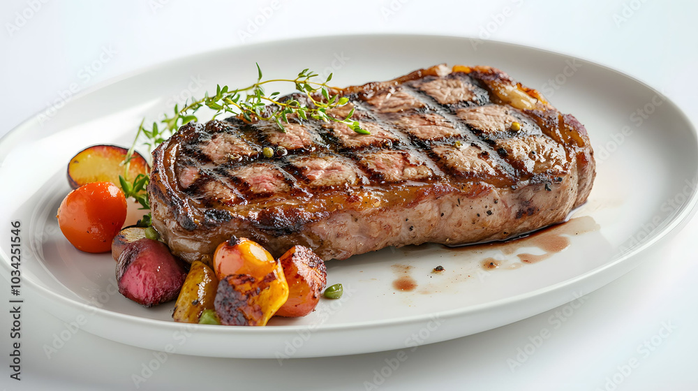 Sizzling Steak Delight, showcasing a perfectly pan-seared steak with rich textures, vibrant colors, and a clean white backdrop for emphasis Sizzling Steak Delight, showcasing a perfectly pan-seared steak with rich textures, vibrant colors, and a clean white backdrop for emphasis