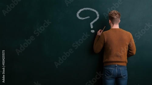 Back view of thoughtful young european male with chalk drawn question marks on blackboard background. Solution, education and knowledge concept.