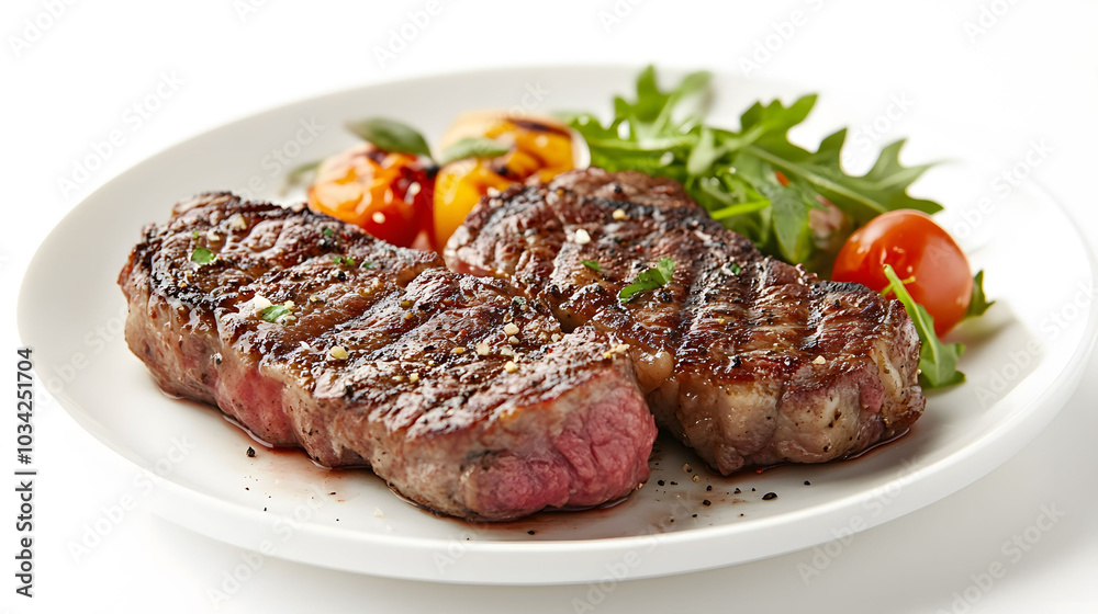 Sizzling Pan Seared Steak on White Background, Rich Textures, Vibrant Colors, Captivating Culinary Presentation Sizzling Pan Seared Steak on White Background, Rich Textures, Vibrant Colors, Captivating Culinary Presentation