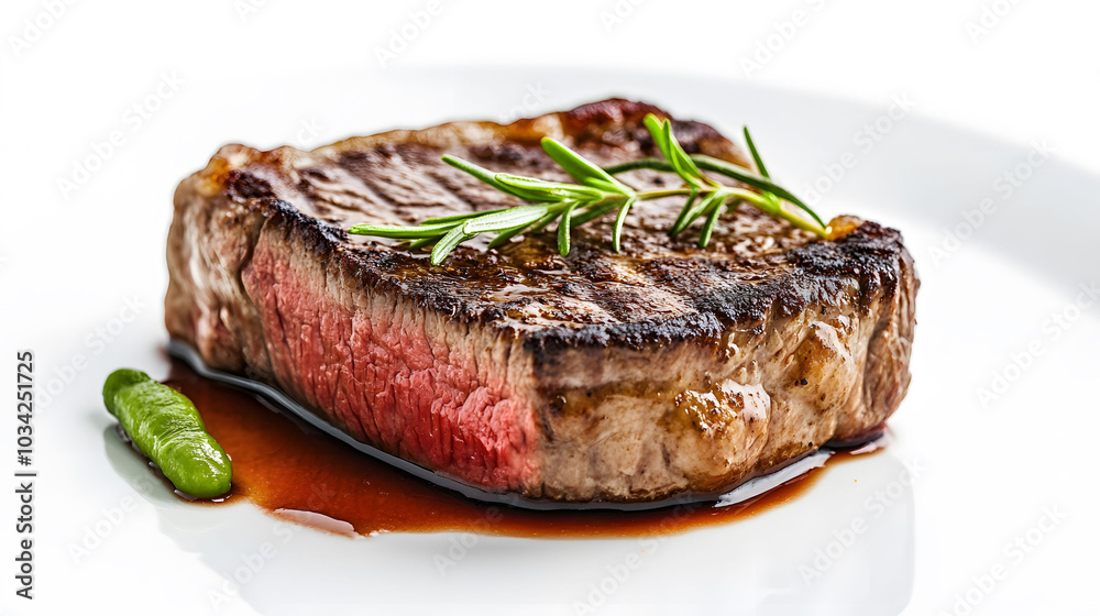 Sizzling Steak Showcase, a beautifully presented pan seared steak against a crisp white backdrop, highlighting rich textures and vibrant colors. Sizzling Steak Showcase, a beautifully presented pan seared steak against a crisp white backdrop, highlighting rich textures and vibrant colors.