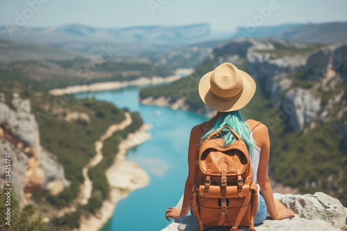 Traveler sitting on a rocky cliff, gazing at the expansive view of a turquoise river winding through canyon. Wearing a straw hat and large brown backpack. serenity, and the beauty of vast nature. photo