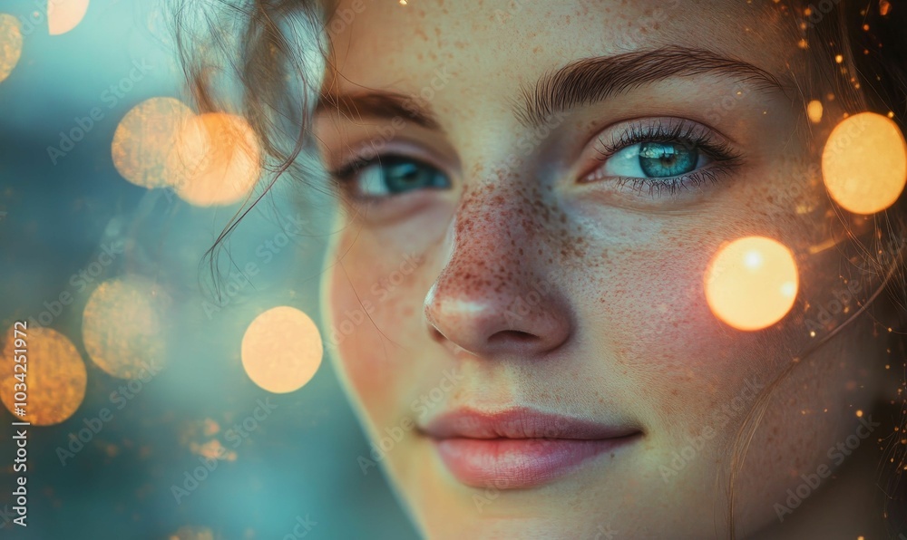 Close-up portrait of a woman with freckles. Close-up portrait of a woman with freckles.