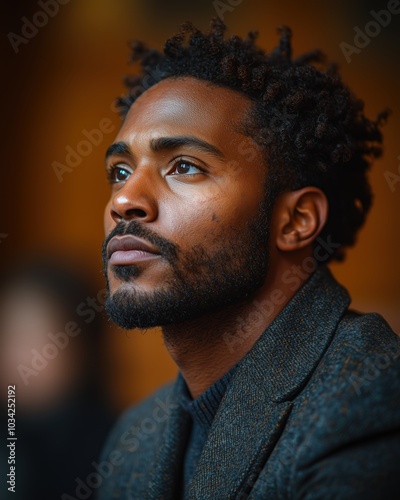 Thoughtful man in tweed jacket looking upward