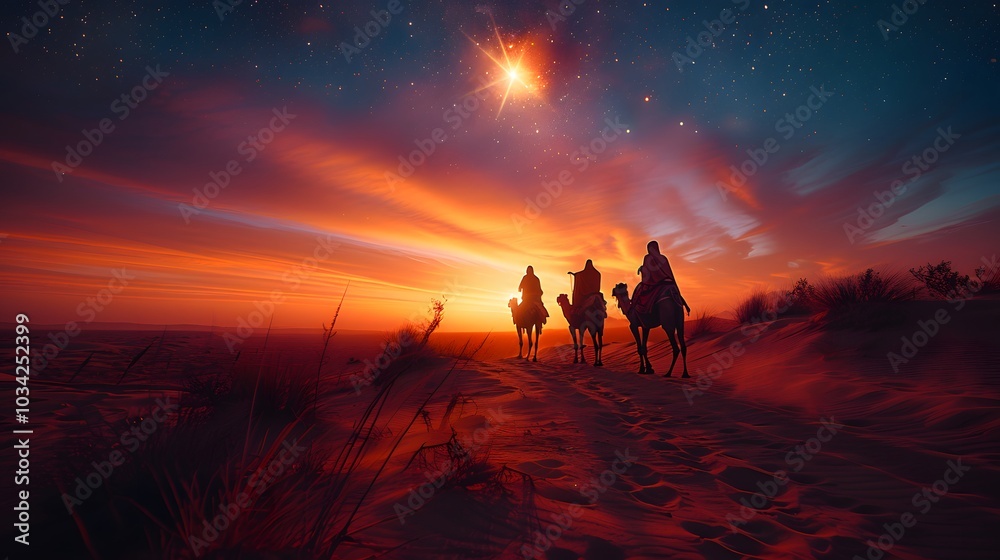 A cinematic view of astrologers on camels pointing at a radiant star, the twilight sky glowing with orange and purple tones, the desert bathed in soft light, long shadows on the dunes, A cinematic view of astrologers on camels pointing at a radiant star, the twilight sky glowing with orange and purple tones, the desert bathed in soft light, long shadows on the dunes,