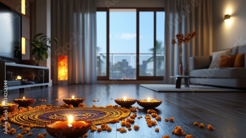 Cozy living room decorated for diwali with rangoli and diyas creating a warm ambiance