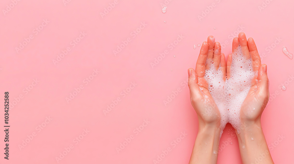 Hands with soap bubbles on pink background Hands with soap bubbles on pink background