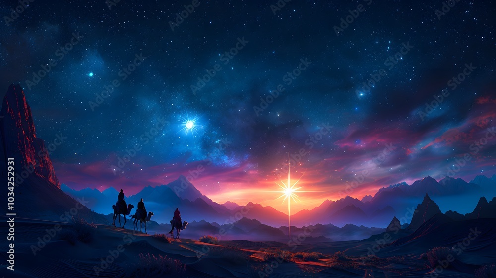 A dramatic scene of three astrologers on camels in silhouette, following a radiant star across a vast desert, the sky filled with stars, soft moonlit shadows on the sand, A dramatic scene of three astrologers on camels in silhouette, following a radiant star across a vast desert, the sky filled with stars, soft moonlit shadows on the sand,