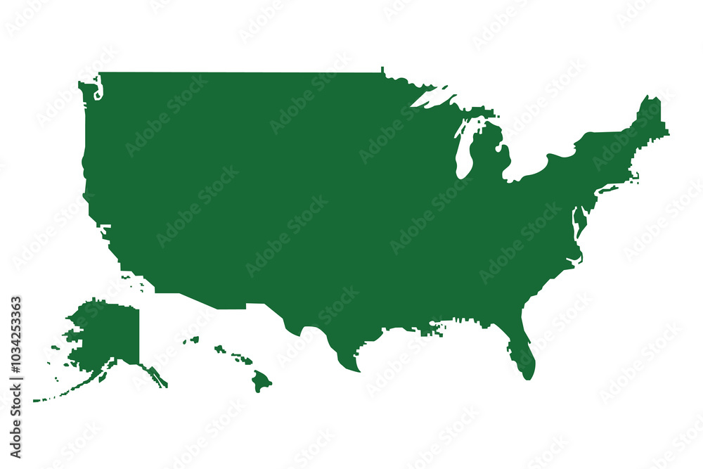 Colour map of the USA. The outline of the USA with a fill. Green map. Colour map of the USA. The outline of the USA with a fill. Green map.