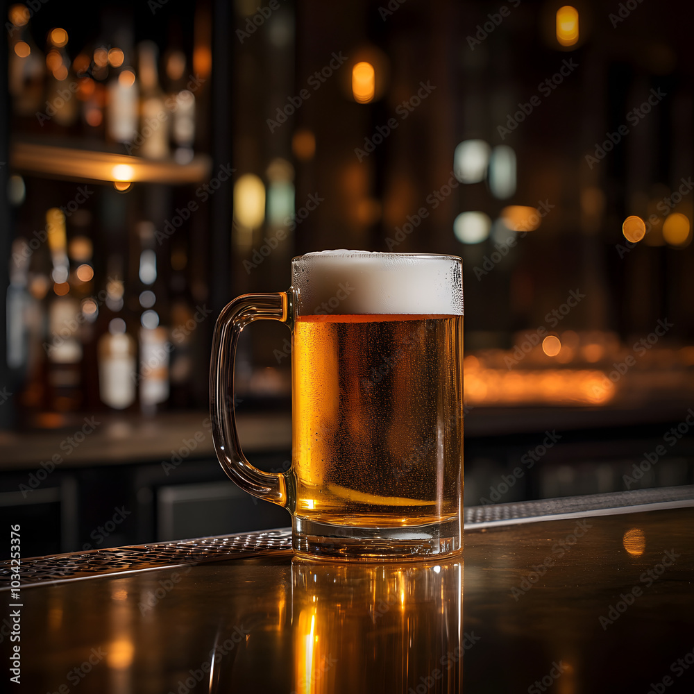Cold Frothy Beer on Bar Counter in Pub with Blurred Background Cold Frothy Beer on Bar Counter in Pub with Blurred Background