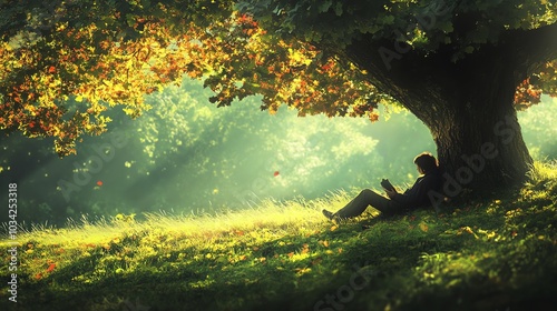 A peaceful scene of a person relaxing under a tree in a sunlit meadow surrounded by vibrant autumn leaves. photo