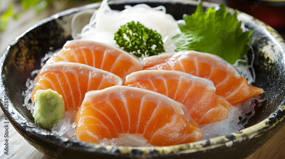 Japanese Cuisine Art, Fresh Salmon Sashimi, Vibrant Colors, Delicious Presentation, Culinary Elegance, Inviting Atmosphere Japanese Cuisine Art, Fresh Salmon Sashimi, Vibrant Colors, Delicious Presentation, Culinary Elegance, Inviting Atmosphere