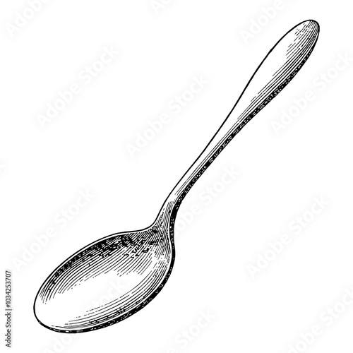 Spoon in Vintage Detailed Black and White Outline Line Art Drawing with Etched Design
