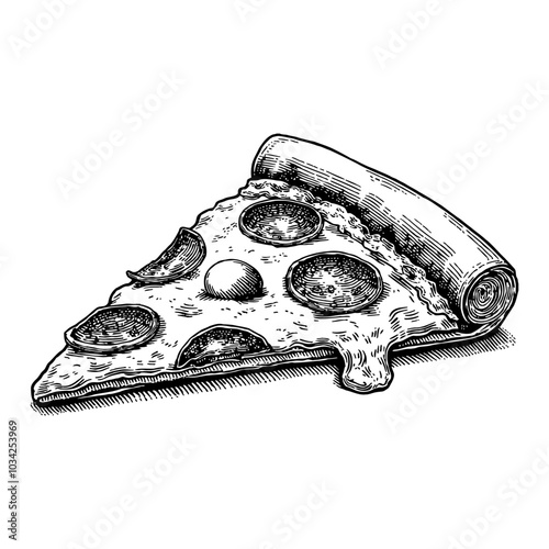 Whole Pizza Slice Featuring Pepperoni in Black and White Outline Line Art Drawing Style