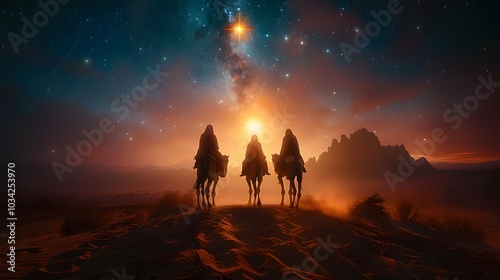 A majestic view of three astrologers riding camels across a vast desert under a night sky lit by an extraordinary star, camels walking slowly through sand dunes, stars glimmering intensely,