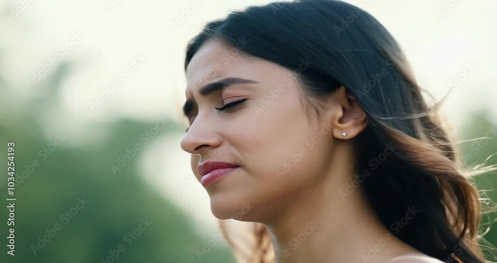 Young woman inhaling fresh air, eyes closed, enjoying a moment of relaxation and tranquility in a natural setting Young woman inhaling fresh air, eyes closed, enjoying a moment of relaxation and tranquility in a natural setting