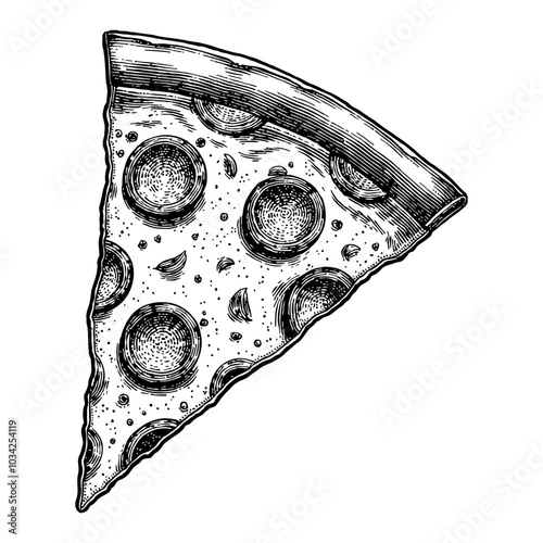 Whole Pizza Slice Black and White Outline Line Art Drawing in Detailed Vintage Style