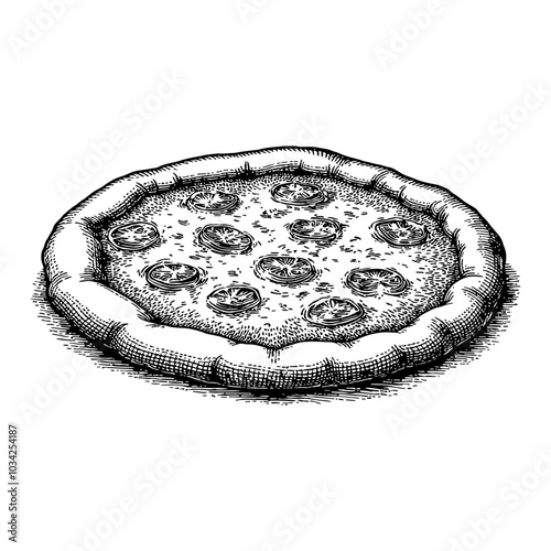 Whole Pepperoni Pizza Black and White Outline Line Art Drawing with Detailed Crust and Toppings