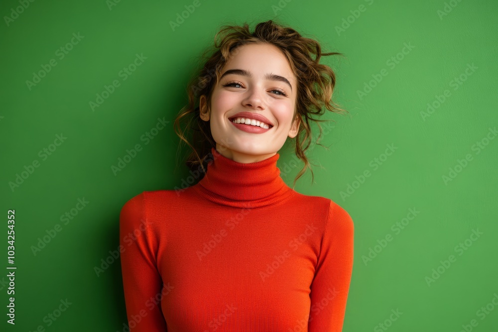 Joyful Young Woman in Orange Turtleneck Joyful Young Woman in Orange Turtleneck