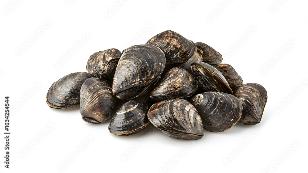 Shellless Mussels on White Background, a close-up view showcasing the texture and details of fresh mussels, ideal for culinary presentations Shellless Mussels on White Background, a close-up view showcasing the texture and details of fresh mussels, ideal for culinary presentations