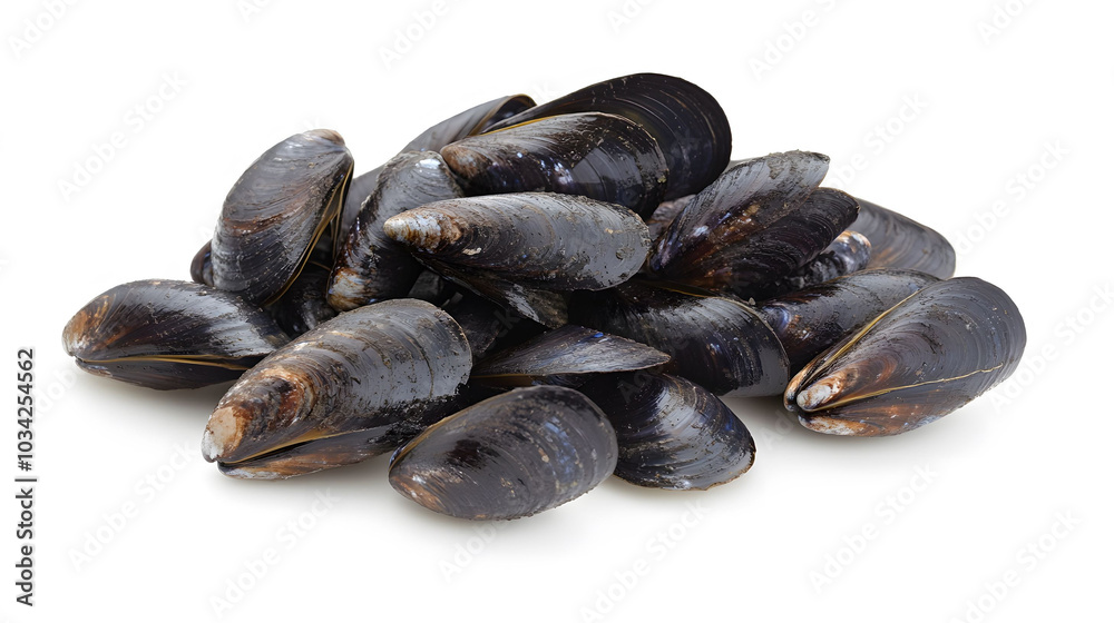 Shellless Mussels on White Surface, showcasing the delicate textures and colors of fresh seafood in a clean, minimalist presentation Shellless Mussels on White Surface, showcasing the delicate textures and colors of fresh seafood in a clean, minimalist presentation