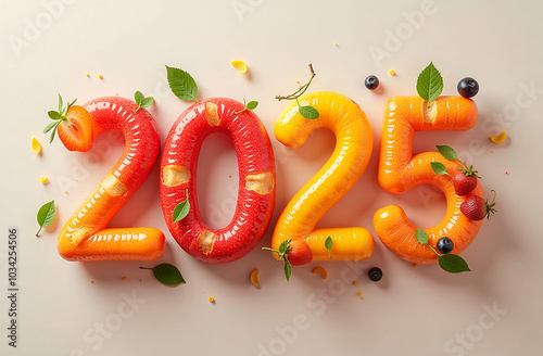 Happy New Year 2025 with fruits and berries on light background, top view