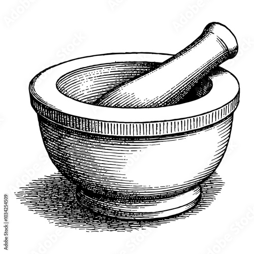 Empty Mortar and Pestle Detailed Black and White Outline Line Art Drawing with Classic Style