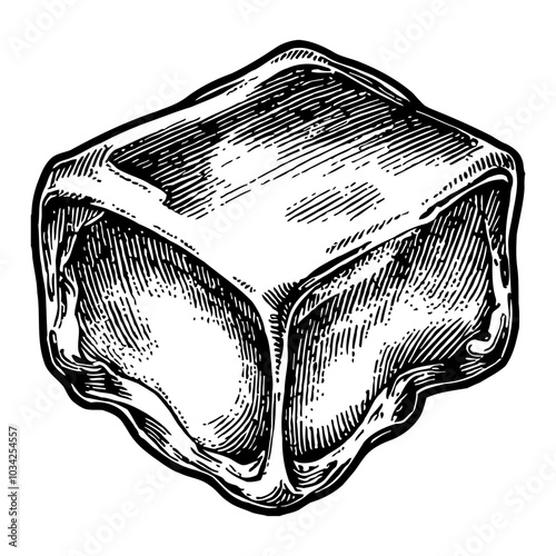 Realistic Ice Cube Detailed in Black and White Outline Line Art Drawing with Engraved Style