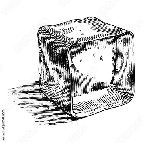 Ice Cube in Intricate Black and White Outline Line Art Drawing with Detailed Etching Style