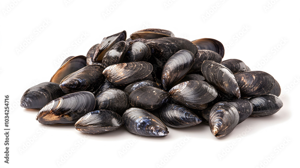 Shellless Mussels on White Background, a detailed view showcasing the unique shape and texture of fresh shellless mussels, emphasizing their culinary appeal Shellless Mussels on White Background, a detailed view showcasing the unique shape and texture of fresh shellless mussels, emphasizing their culinary appeal
