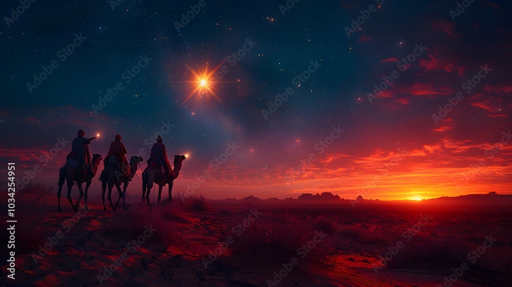 A serene twilight desert scene with three astrologers on camels pointing toward a radiant star, the sky blending from deep blue to soft orange, the horizon glowing with the last light of day, A serene twilight desert scene with three astrologers on camels pointing toward a radiant star, the sky blending from deep blue to soft orange, the horizon glowing with the last light of day,