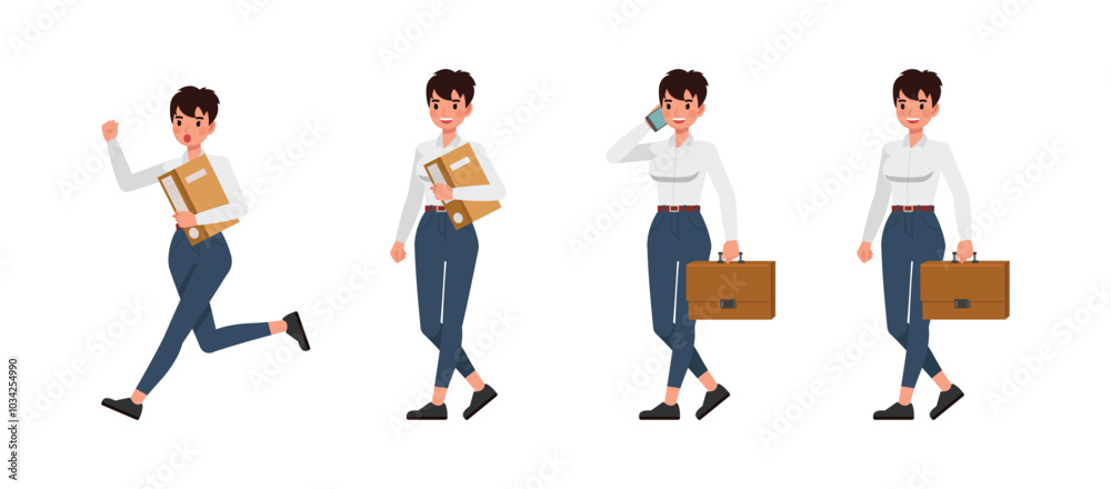 Business woman working and presentation in various action character vector illustration design set. Woman wear white shirt. Business woman working and presentation in various action character vector illustration design set. Woman wear white shirt.
