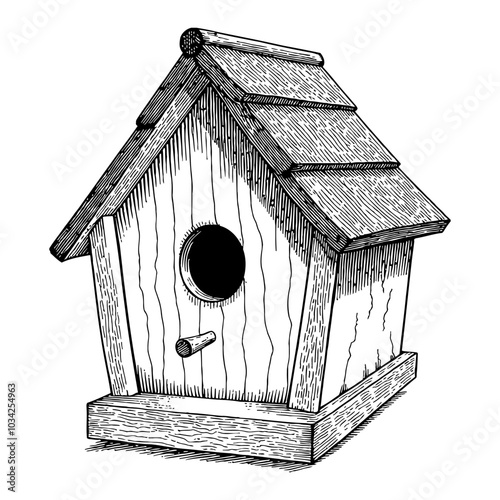 Birdhouse in Vintage Detailed Perspective Black and White Outline Line Art Drawing