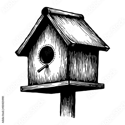 Birdhouse Elevated View Black and White Outline Line Art Drawing with Detailed Wood Texture