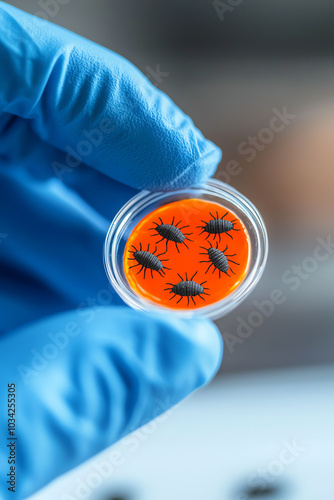 Petri dish with bacteria in orange medium photo