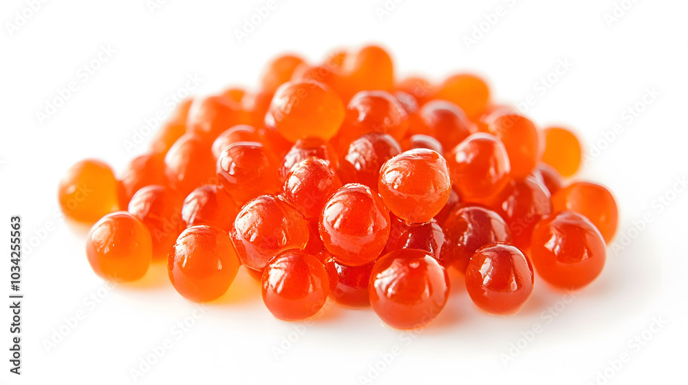 Vibrant red caviar elegantly displayed on a pristine white surface, showcasing its glossy texture and rich color, inviting indulgence. Vibrant red caviar elegantly displayed on a pristine white surface, showcasing its glossy texture and rich color, inviting indulgence.