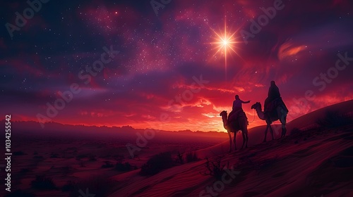 A wide-angle shot of three astrologers on camels pointing at a radiant star, the sky transitioning from day to night with vibrant colors of dusk, soft shadows stretching across the desert,