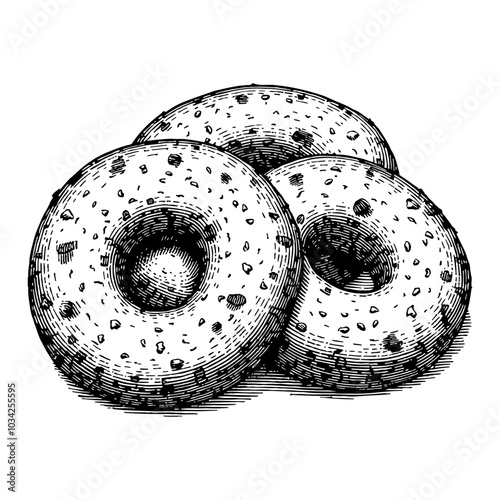 Bunch of Bagels in Detailed Black and White Outline Line Art Drawing with Textured Surface photo