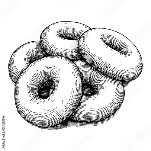 Bunch of Bagels in Detailed Vintage Black and White Outline Line Art Drawing Illustration