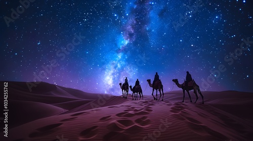 A wide-angle view of three astrologers on camels following a radiant eastern star, the night sky brimming with stars, soft blue hues reflecting on the sand dunes, the camels casting long shadows,